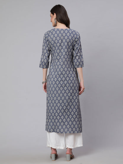 Grey Ethnic Printed Straight Kurta With Three Quarter Sleeves