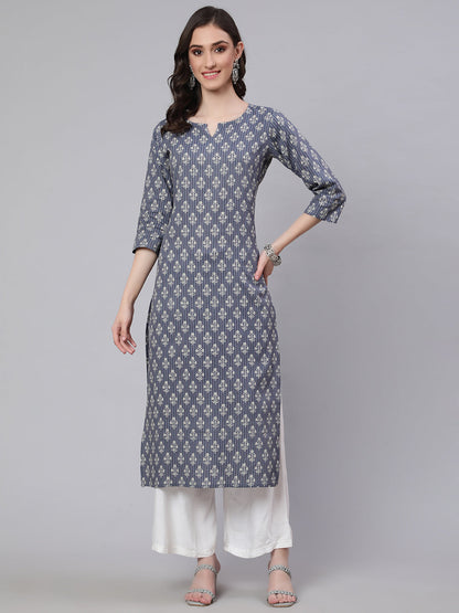 Grey Ethnic Printed Straight Kurta With Three Quarter Sleeves