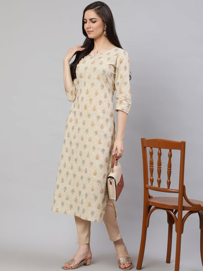 Cream Ethnic Printed Straight Kurta With Three Quarter Sleeves