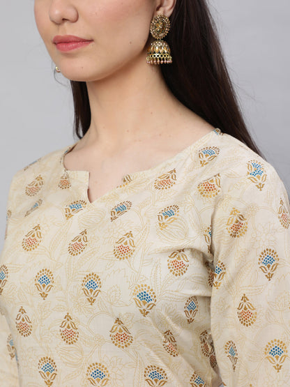 Cream Ethnic Printed Straight Kurta With Three Quarter Sleeves