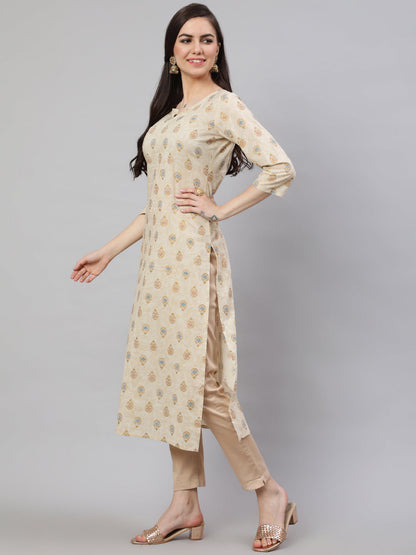 Cream Ethnic Printed Straight Kurta With Three Quarter Sleeves