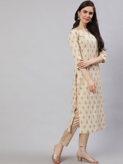 Cream Ethnic Printed Straight Kurta With Three Quarter Sleeves