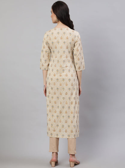 Cream Ethnic Printed Straight Kurta With Three Quarter Sleeves