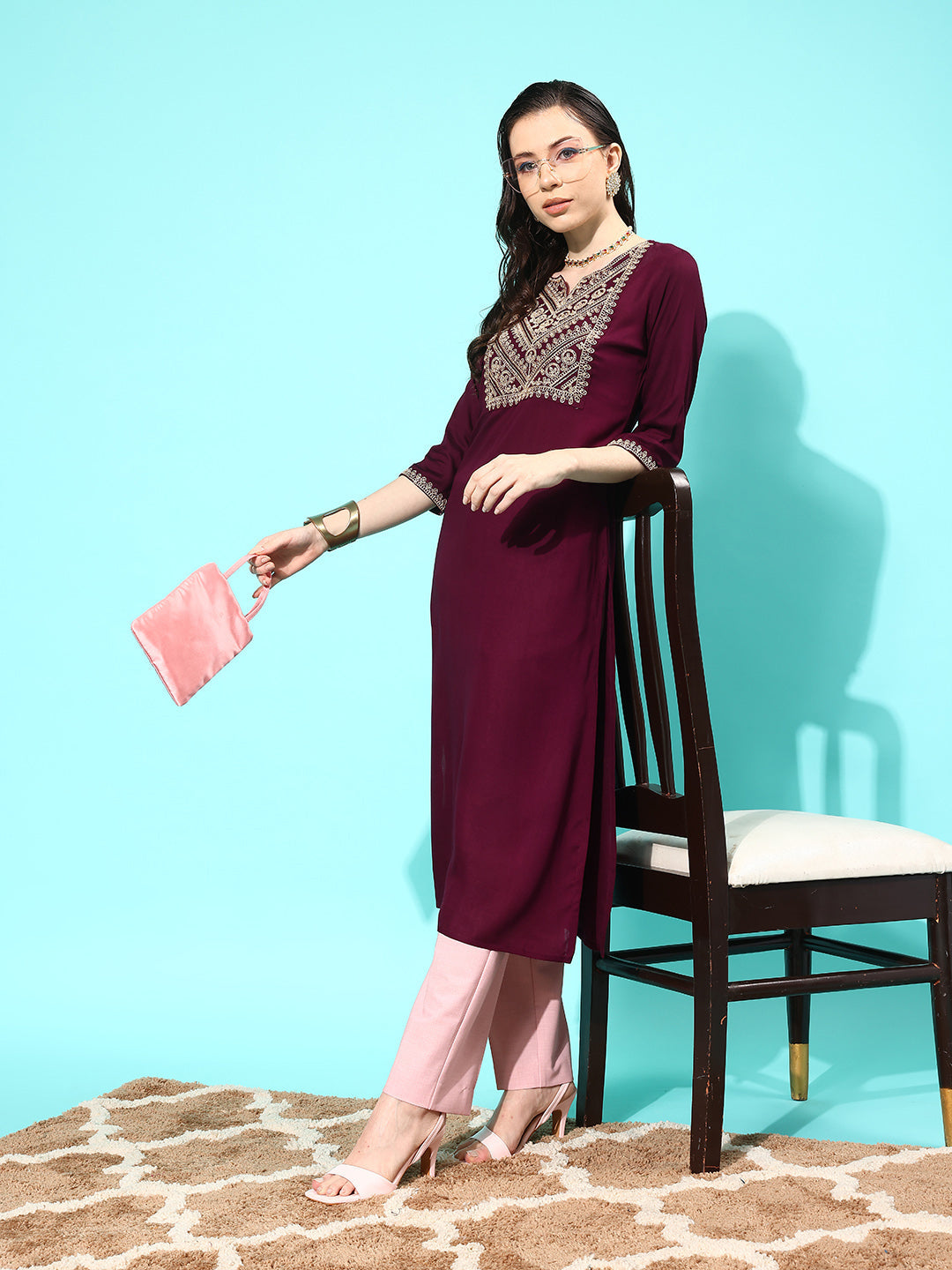 Burgundy Embroidered Yoke Design Straight Kurta