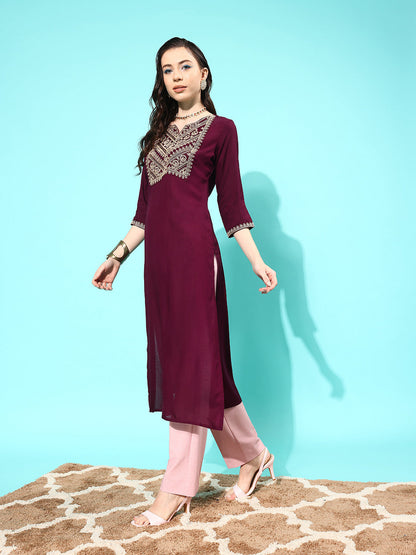 Burgundy Embroidered Yoke Design Straight Kurta