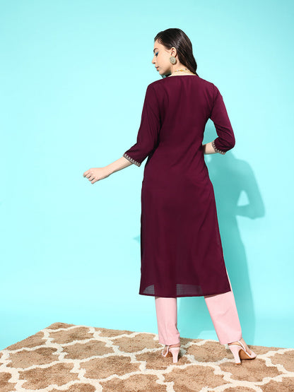 Burgundy Embroidered Yoke Design Straight Kurta