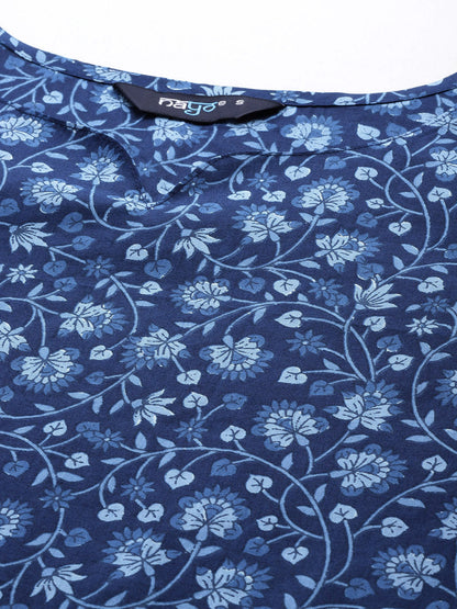 Women Blue Ethnic Printed Straight Kurta with Three Quarter Sleeves