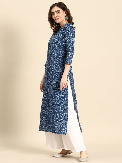 Women Blue Ethnic Printed Straight Kurta with Three Quarter Sleeves