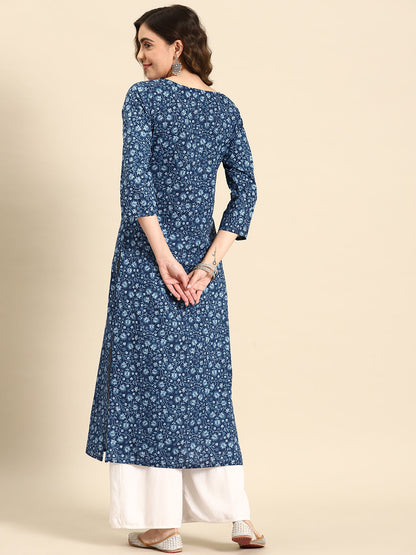 Women Blue Ethnic Printed Straight Kurta with Three Quarter Sleeves