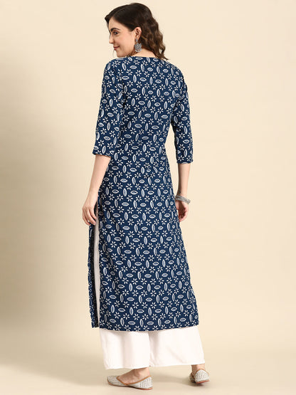 Women Blue Ethnic Printed Straight Kurta with Three Quarter Sleeves