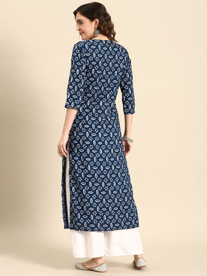 Women Blue Ethnic Printed Straight Kurta with Three Quarter Sleeves