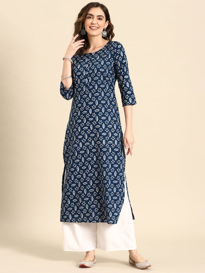 Women Blue Ethnic Printed Straight Kurta with Three Quarter Sleeves