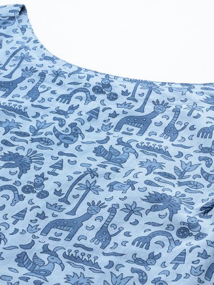 Women Blue Ethnic Printed Straight Sleeveless Kurta