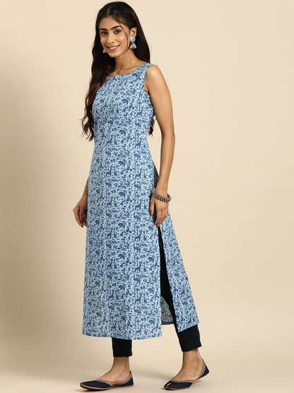 Women Blue Ethnic Printed Straight Sleeveless Kurta