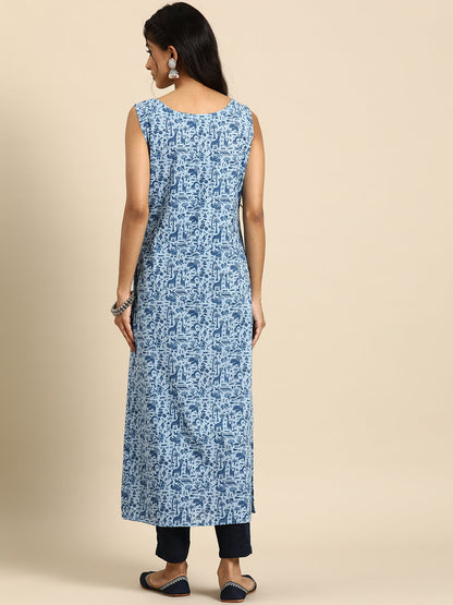 Women Blue Ethnic Printed Straight Sleeveless Kurta