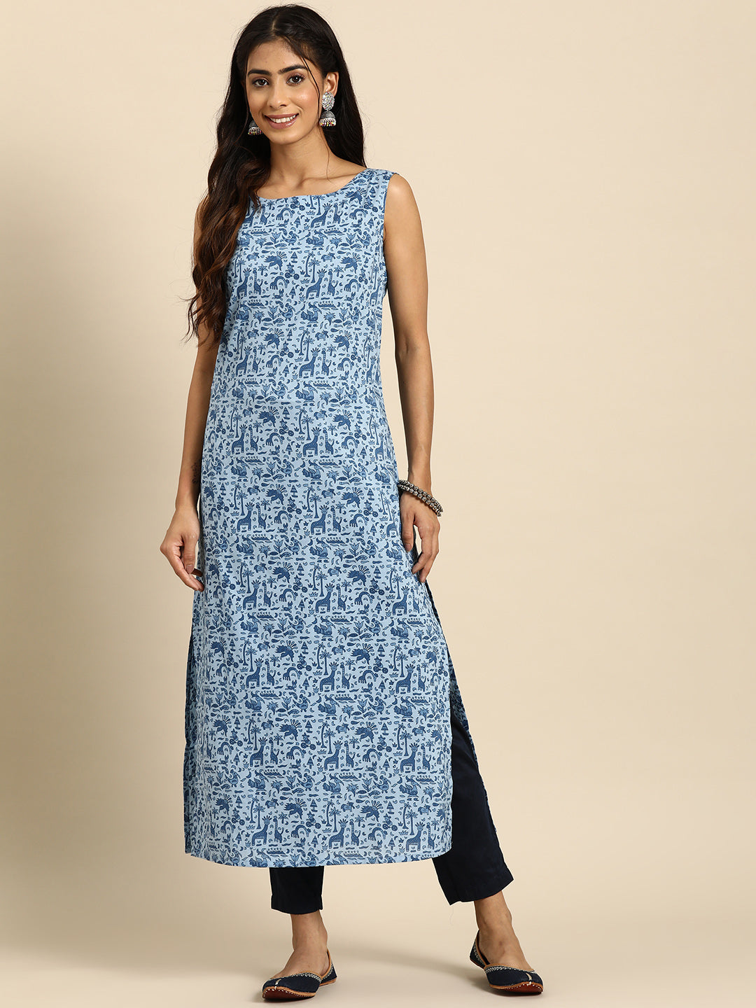 Women Blue Ethnic Printed Straight Sleeveless Kurta