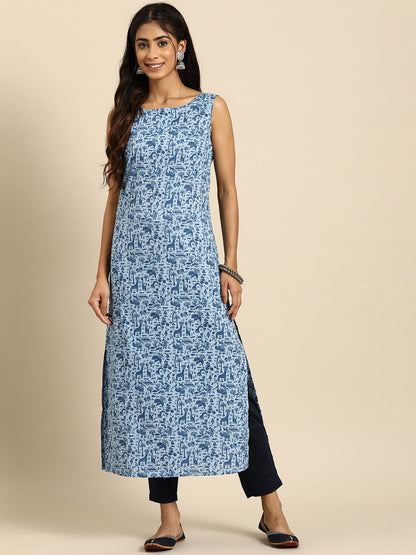 Women Blue Ethnic Printed Straight Sleeveless Kurta