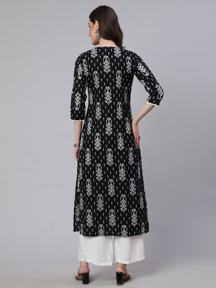 Women Black Printed straight Kurta With three quarter sleeves