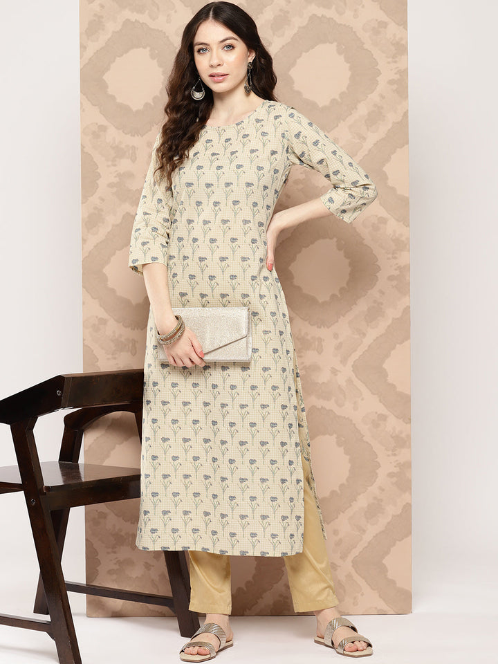 Women Cream Printed Straight Kurta With Three Quarter Sleeves