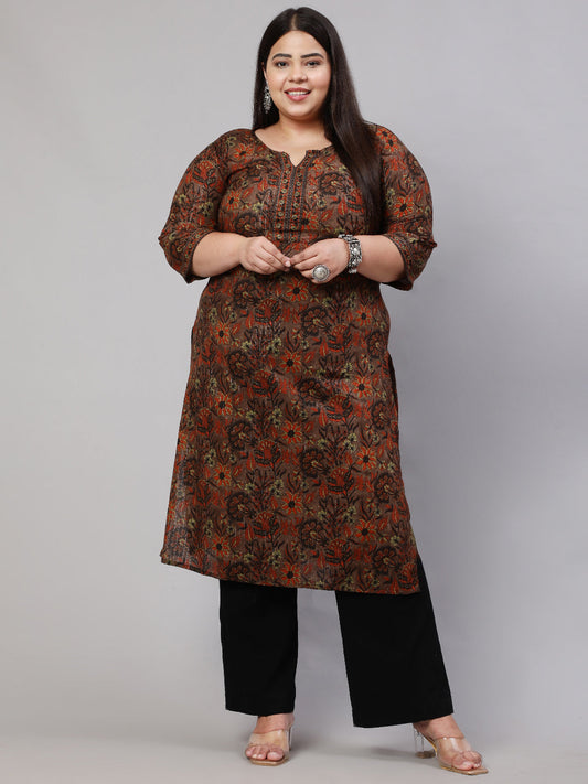 Plus Size Multi Printed Straight Kurta With Three Quarters Sleeves