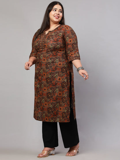 Plus Size Multi Printed Straight Kurta With Three Quarters Sleeves