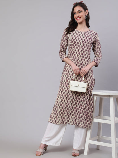 Beige Ethnic Printed Straight Kurta With Three Quarter Sleeves
