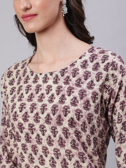 Beige Ethnic Printed Straight Kurta With Three Quarter Sleeves