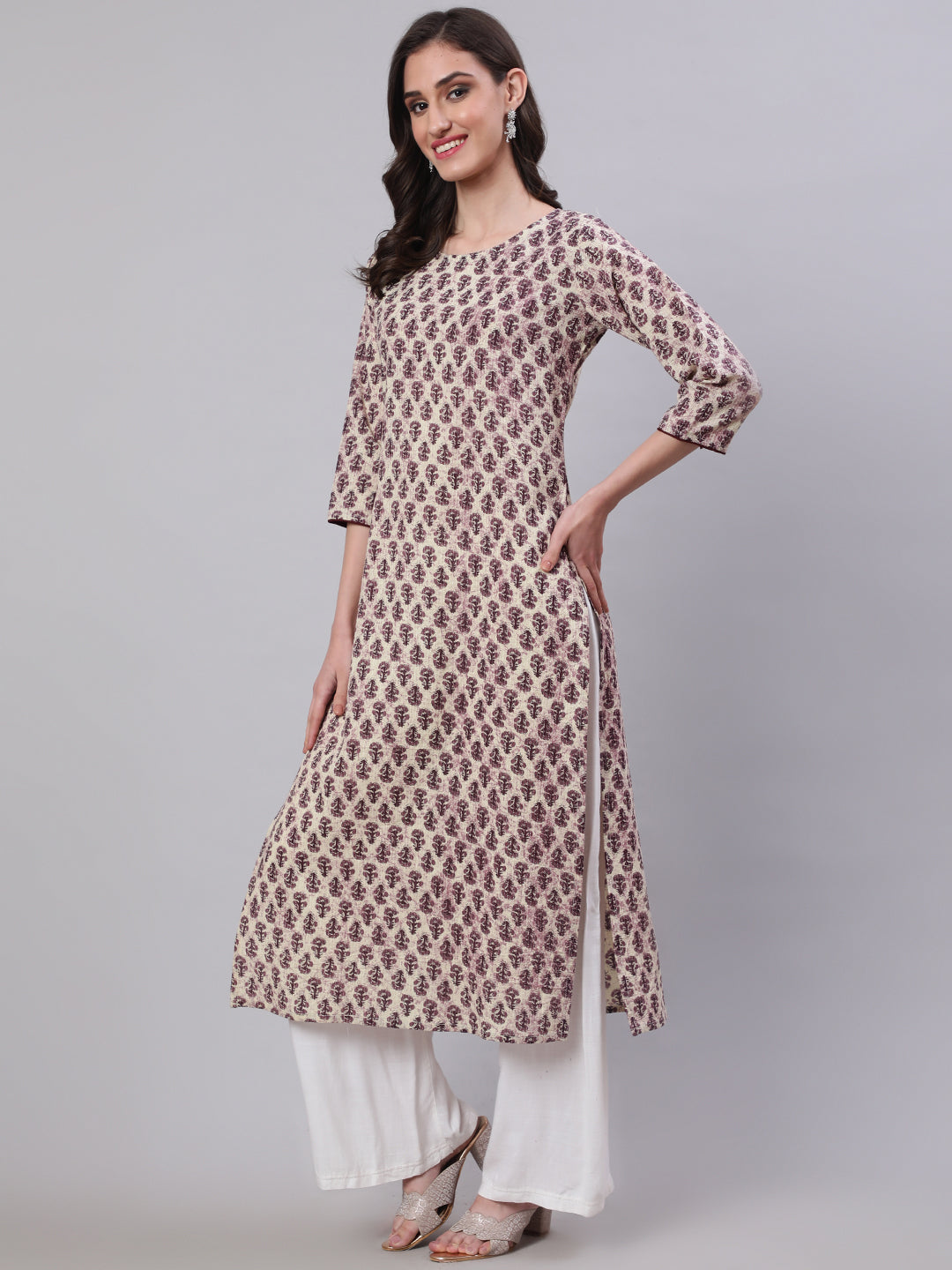 Beige Ethnic Printed Straight Kurta With Three Quarter Sleeves