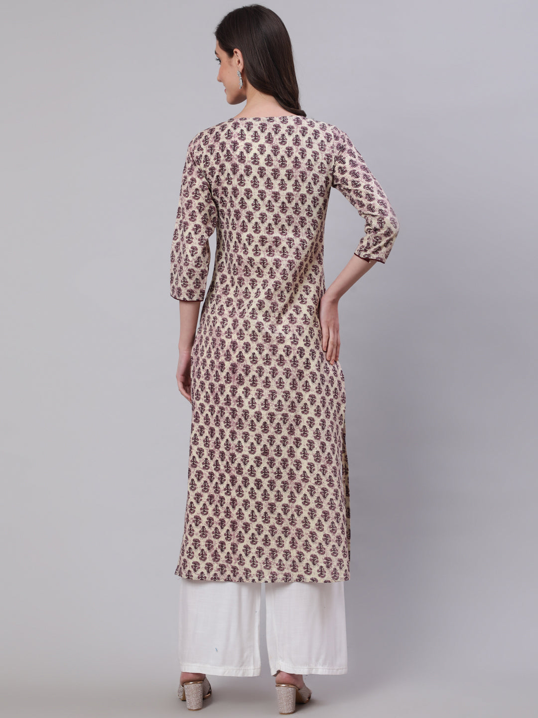 Beige Ethnic Printed Straight Kurta With Three Quarter Sleeves
