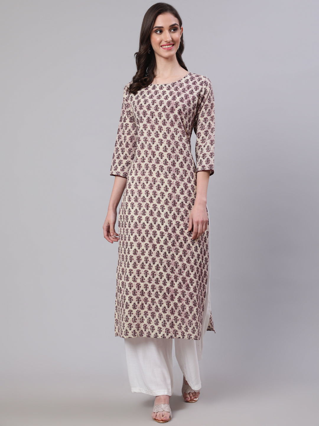 Beige Ethnic Printed Straight Kurta With Three Quarter Sleeves