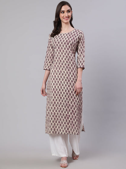 Beige Ethnic Printed Straight Kurta With Three Quarter Sleeves