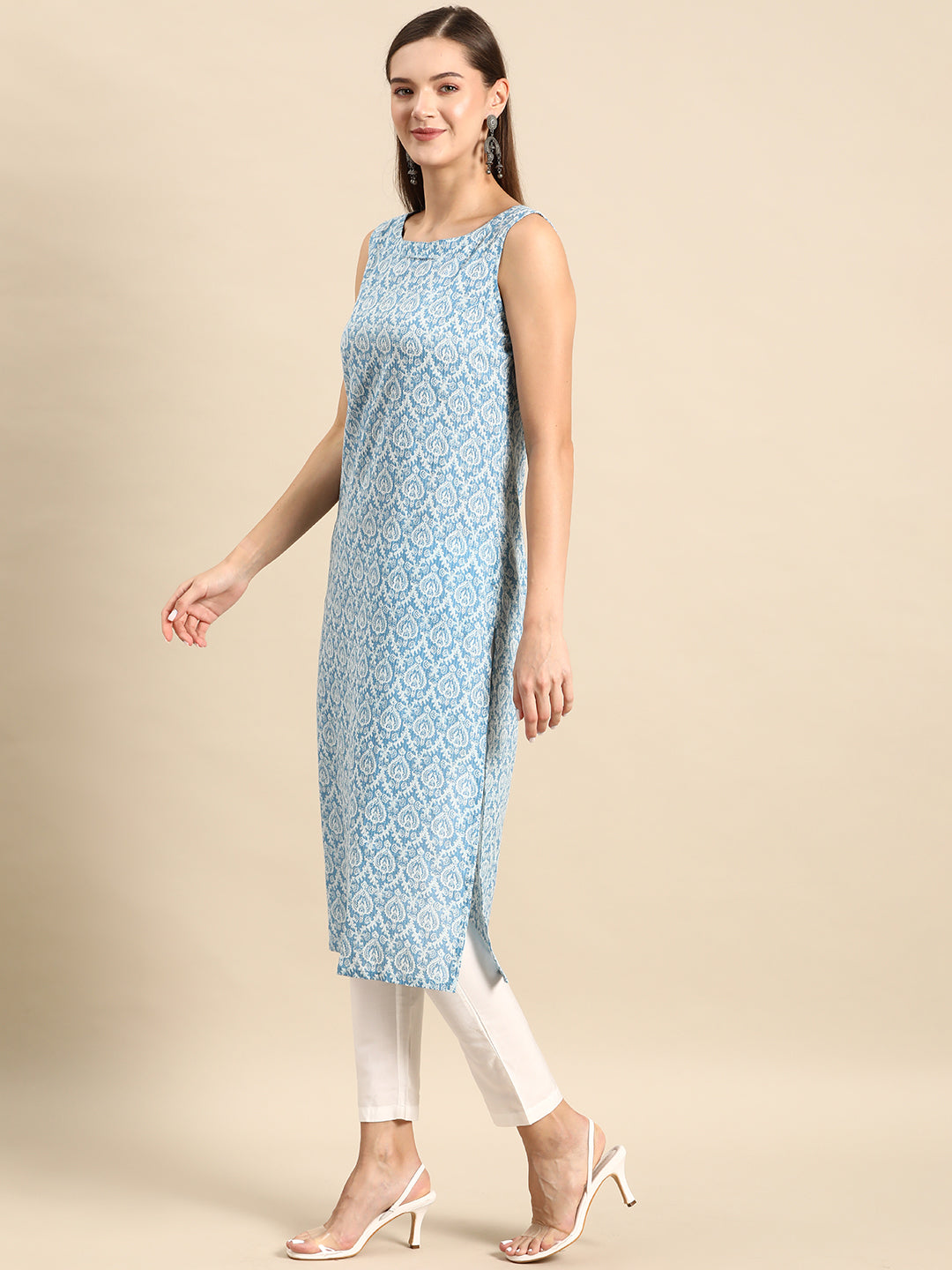 Blue Ethnic Straight Sleeveless Kurta