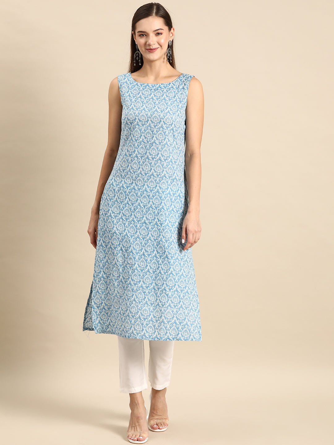 Blue Ethnic Straight Sleeveless Kurta