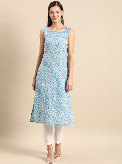 Blue Ethnic Straight Sleeveless Kurta