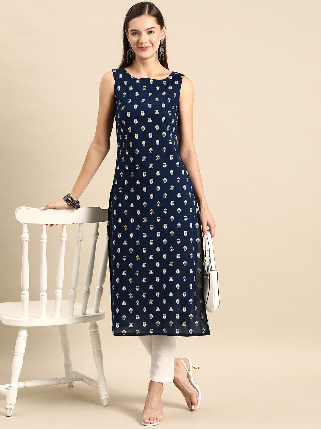 Navy Blue Ethnic Printed Straight Sleeveless Kurta