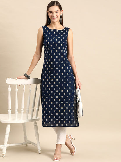 Navy Blue Ethnic Printed Straight Sleeveless Kurta