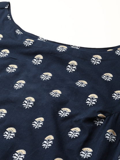 Navy Blue Ethnic Printed Straight Sleeveless Kurta