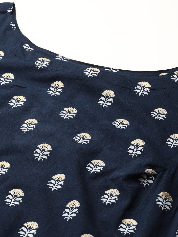 Navy Blue Ethnic Printed Straight Sleeveless Kurta
