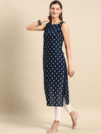 Navy Blue Ethnic Printed Straight Sleeveless Kurta