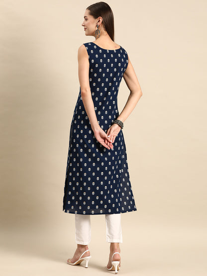 Navy Blue Ethnic Printed Straight Sleeveless Kurta