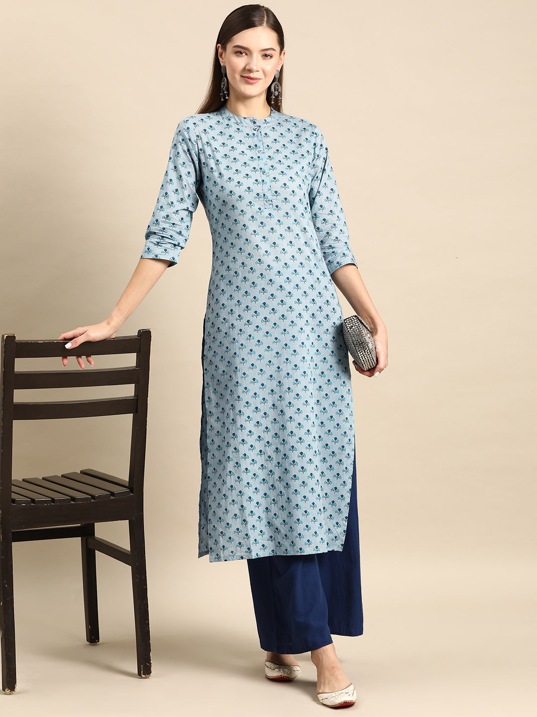 Blue Ethnic Printed Straight Kurta With Three Quarter Sleeves
