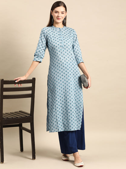 Blue Ethnic Printed Straight Kurta With Three Quarter Sleeves
