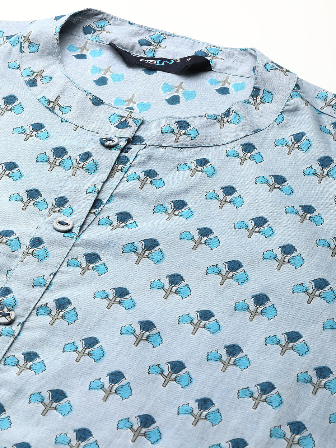 Blue Ethnic Printed Straight Kurta With Three Quarter Sleeves