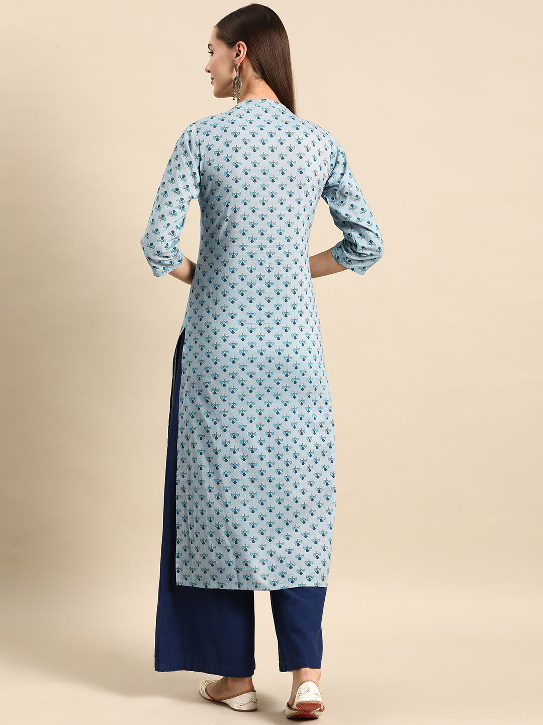 Blue Ethnic Printed Straight Kurta With Three Quarter Sleeves