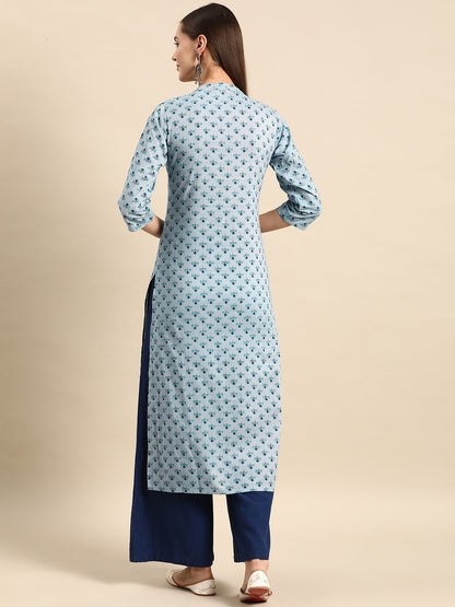 Blue Ethnic Printed Straight Kurta With Three Quarter Sleeves