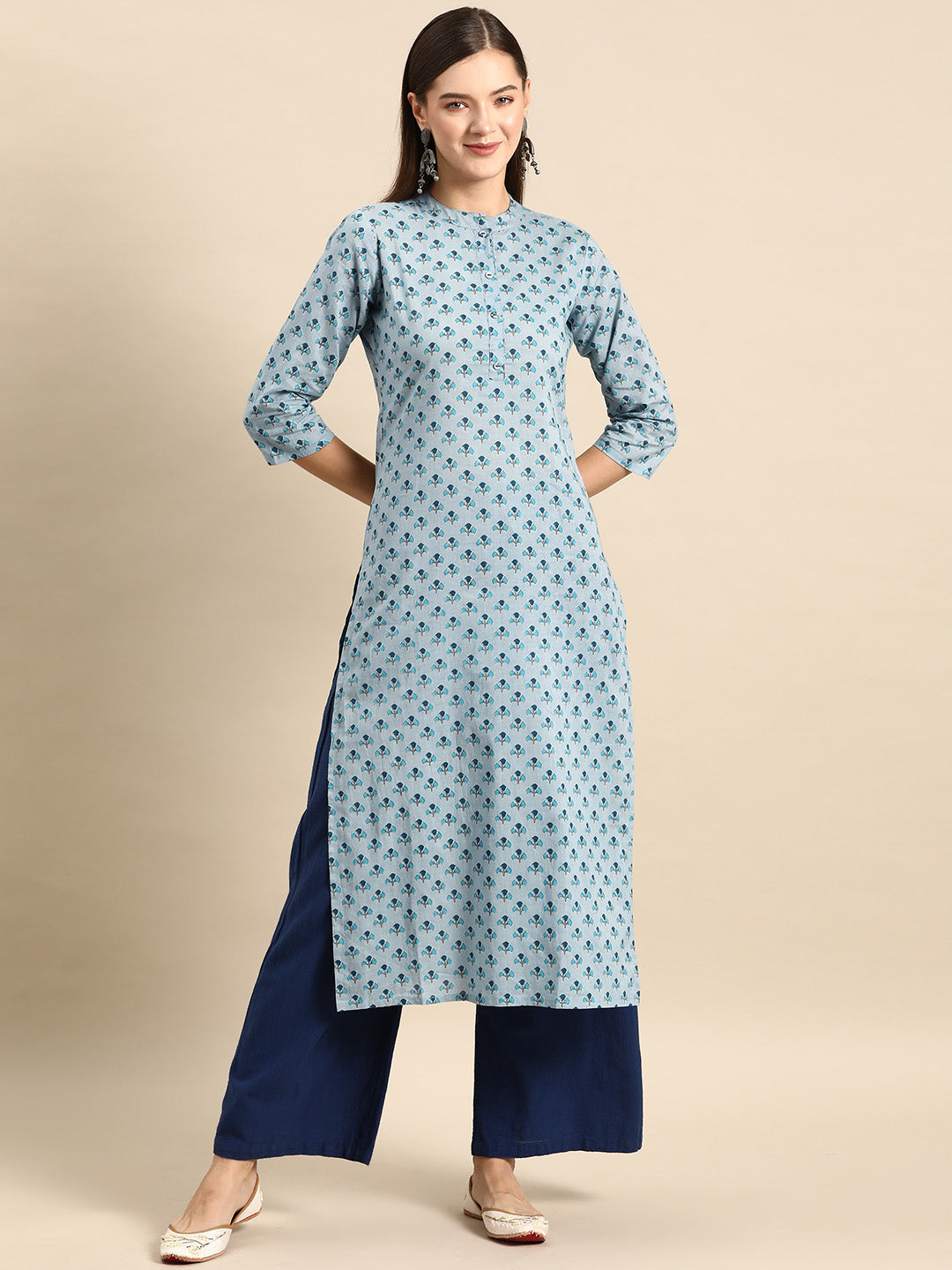 Blue Ethnic Printed Straight Kurta With Three Quarter Sleeves