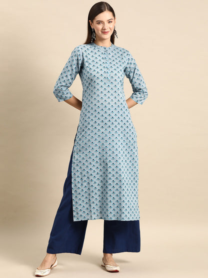 Blue Ethnic Printed Straight Kurta With Three Quarter Sleeves