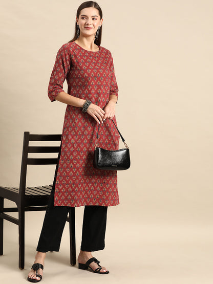 Maroon Printed Straight Kurta With Three Quarter Sleeves