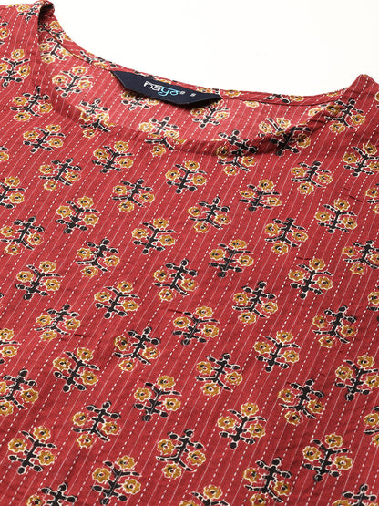 Maroon Printed Straight Kurta With Three Quarter Sleeves
