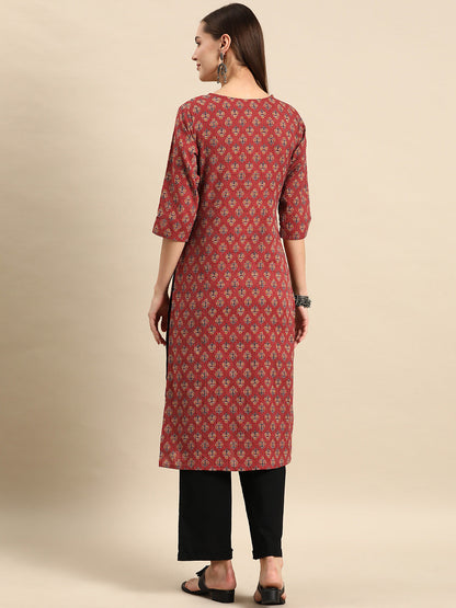 Maroon Printed Straight Kurta With Three Quarter Sleeves